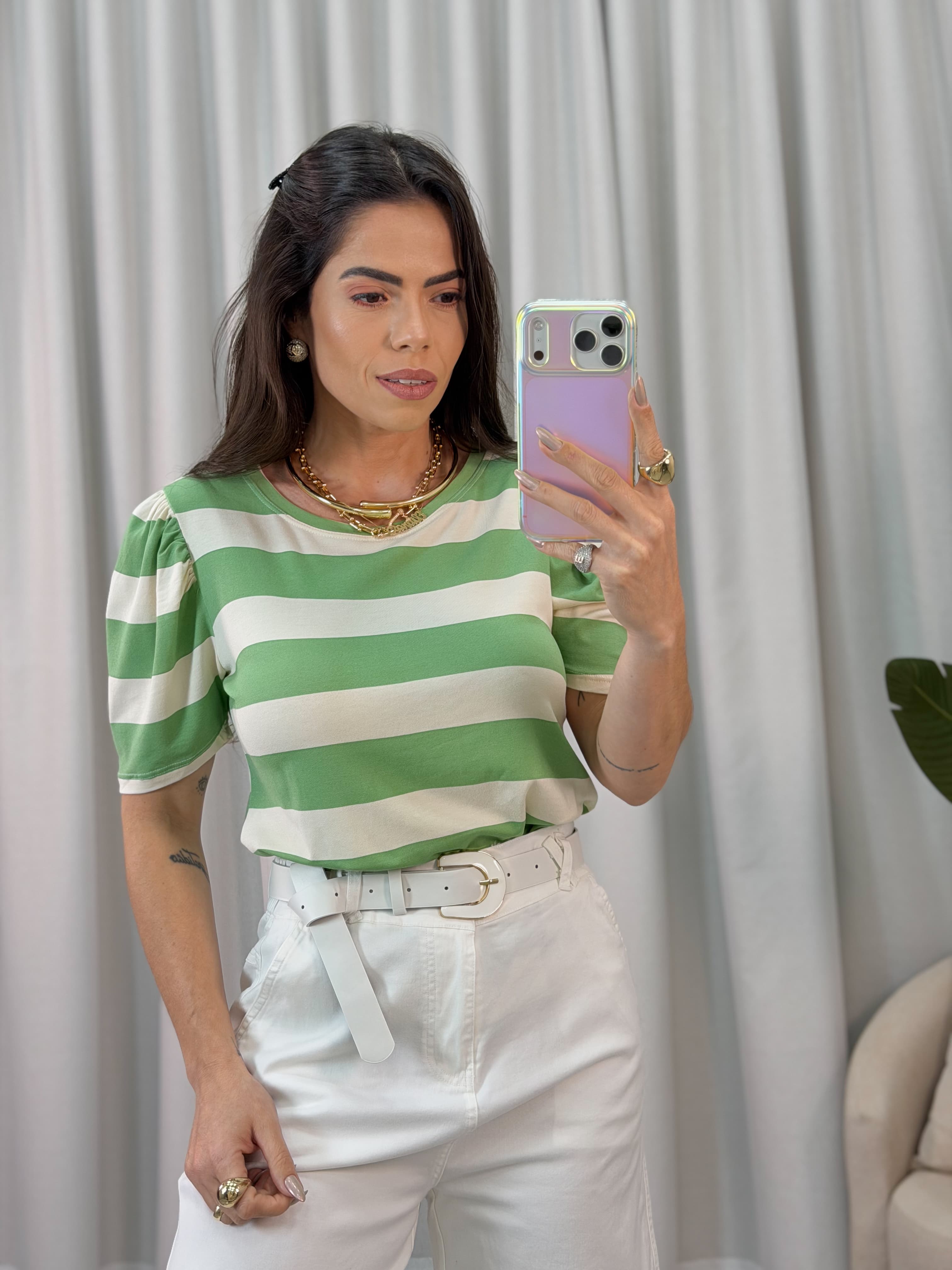 BLUSA LISTRA VERDE MANGA BUFANTE
