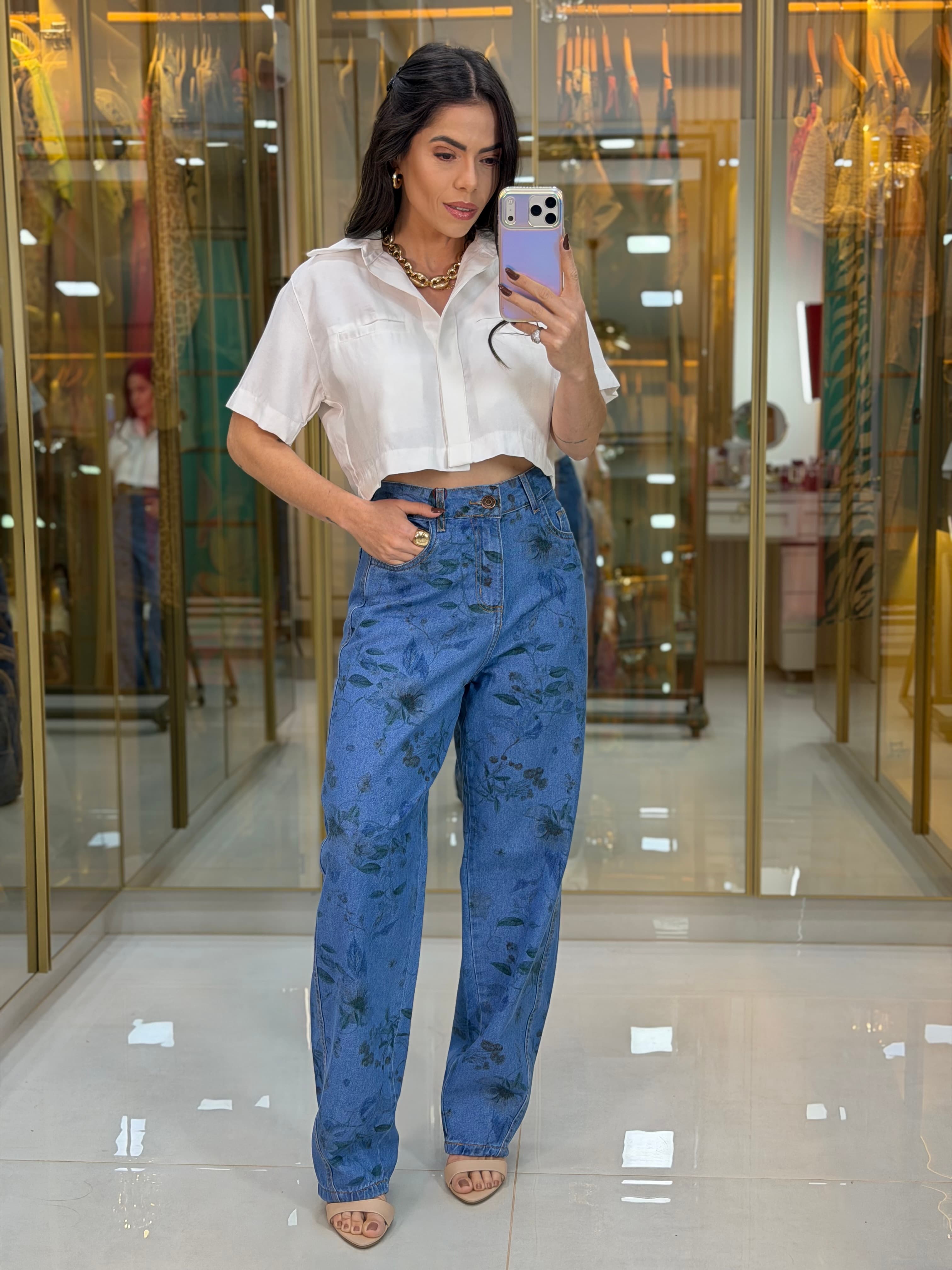CALÇA JEANS FLORAL