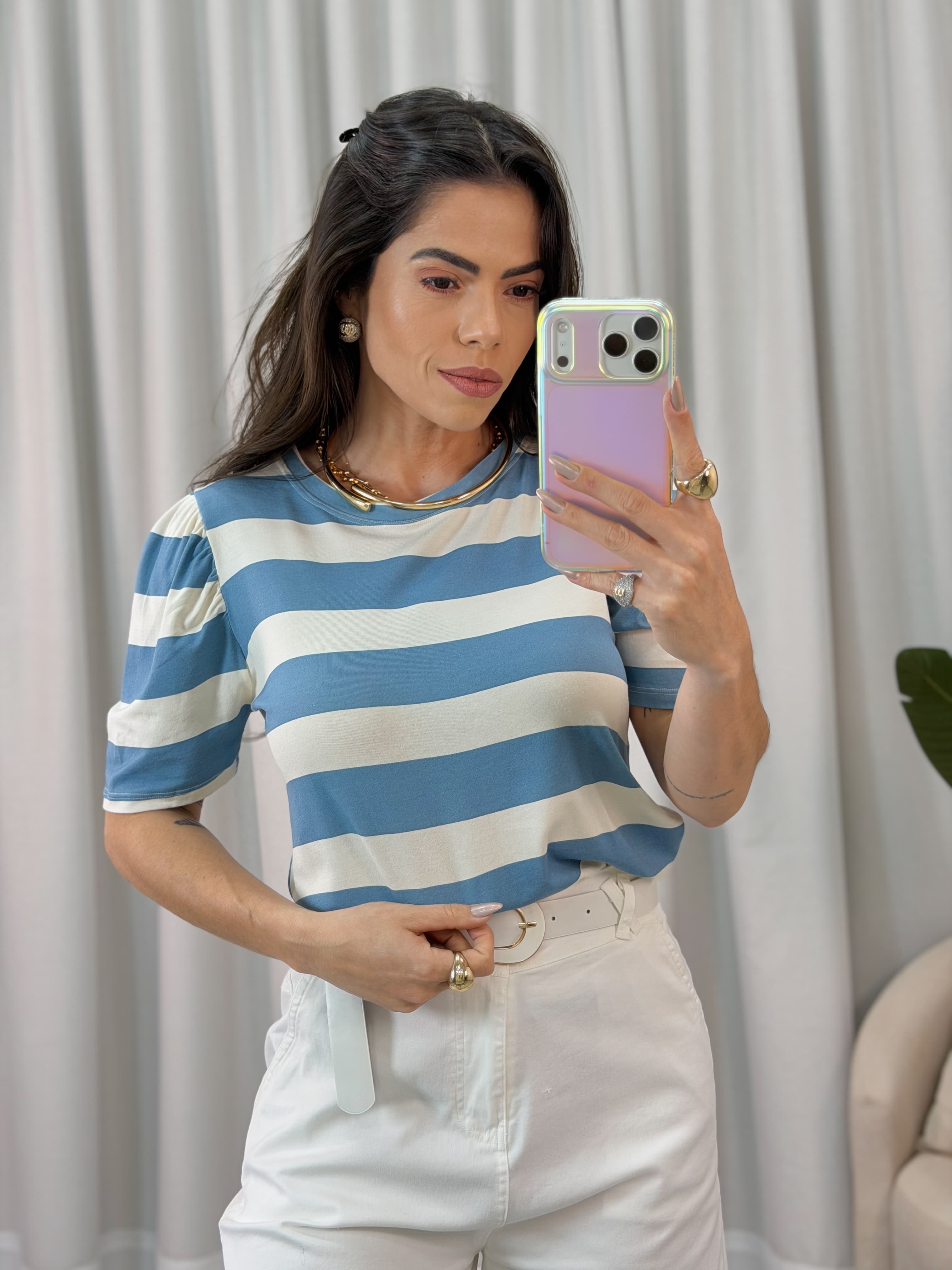 BLUSA LISTRA AZUL MANGA BUFANTE