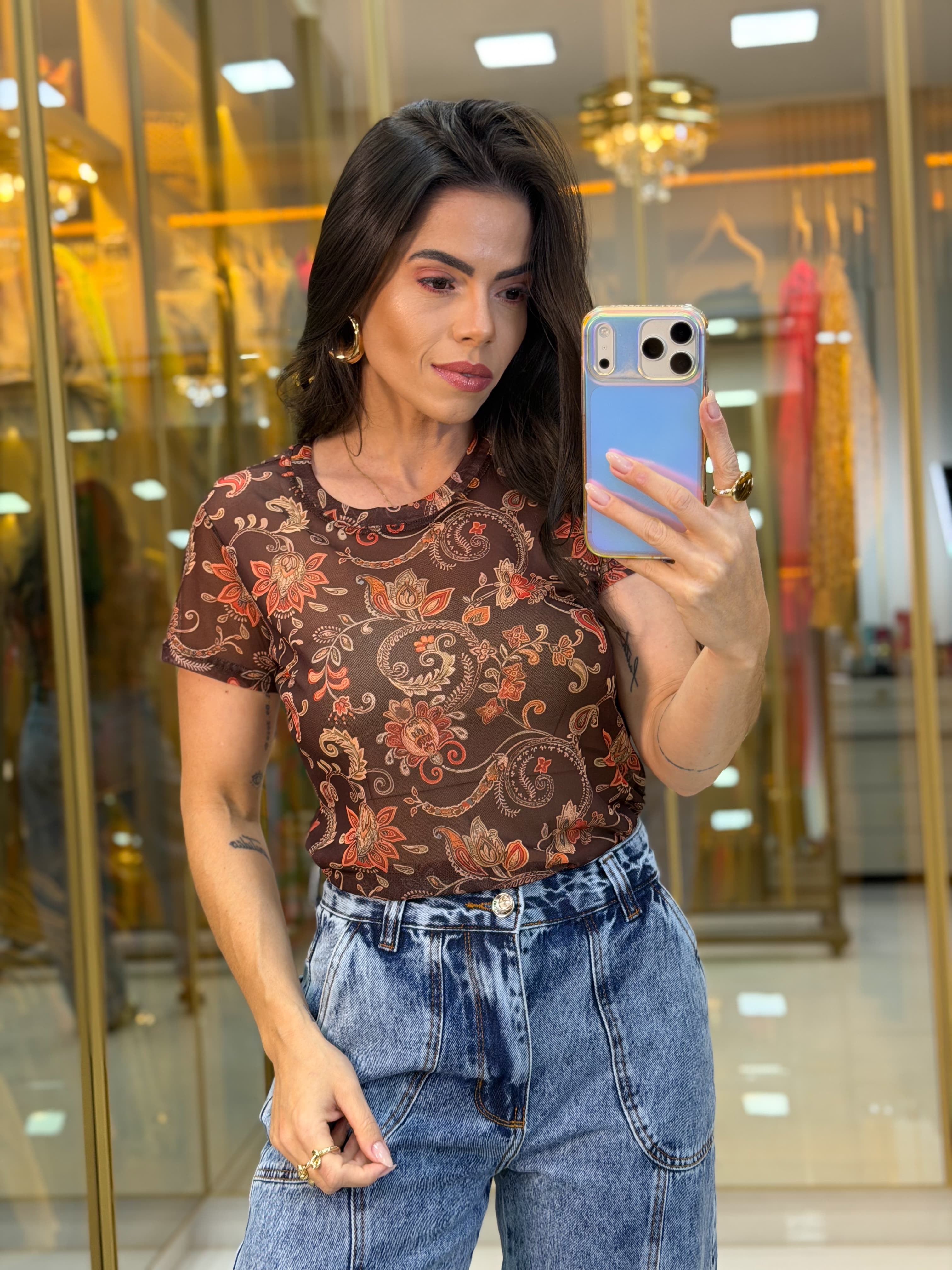 BLUSA TULE ESTAMPA MARROM