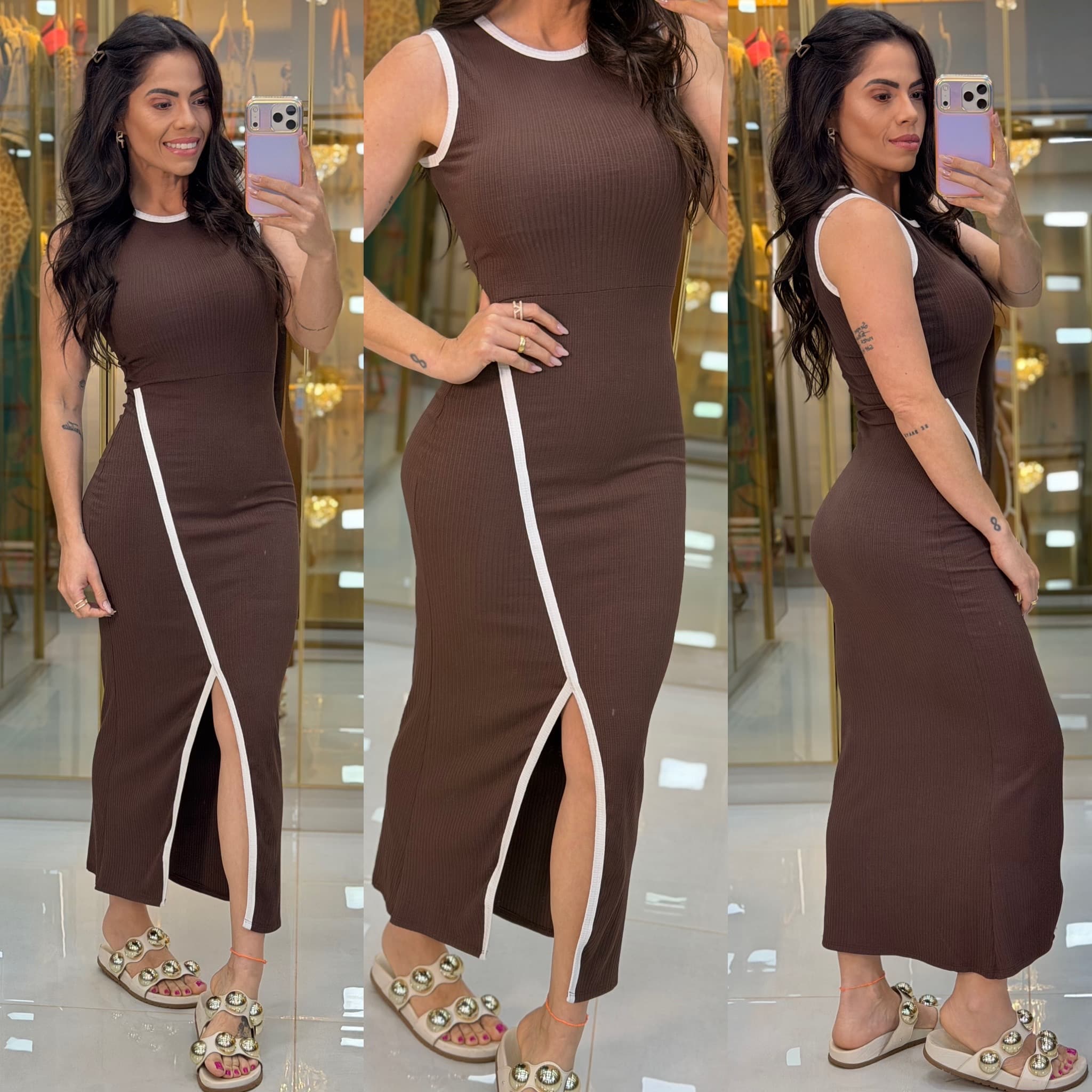 VESTIDO CANELADO MARROM