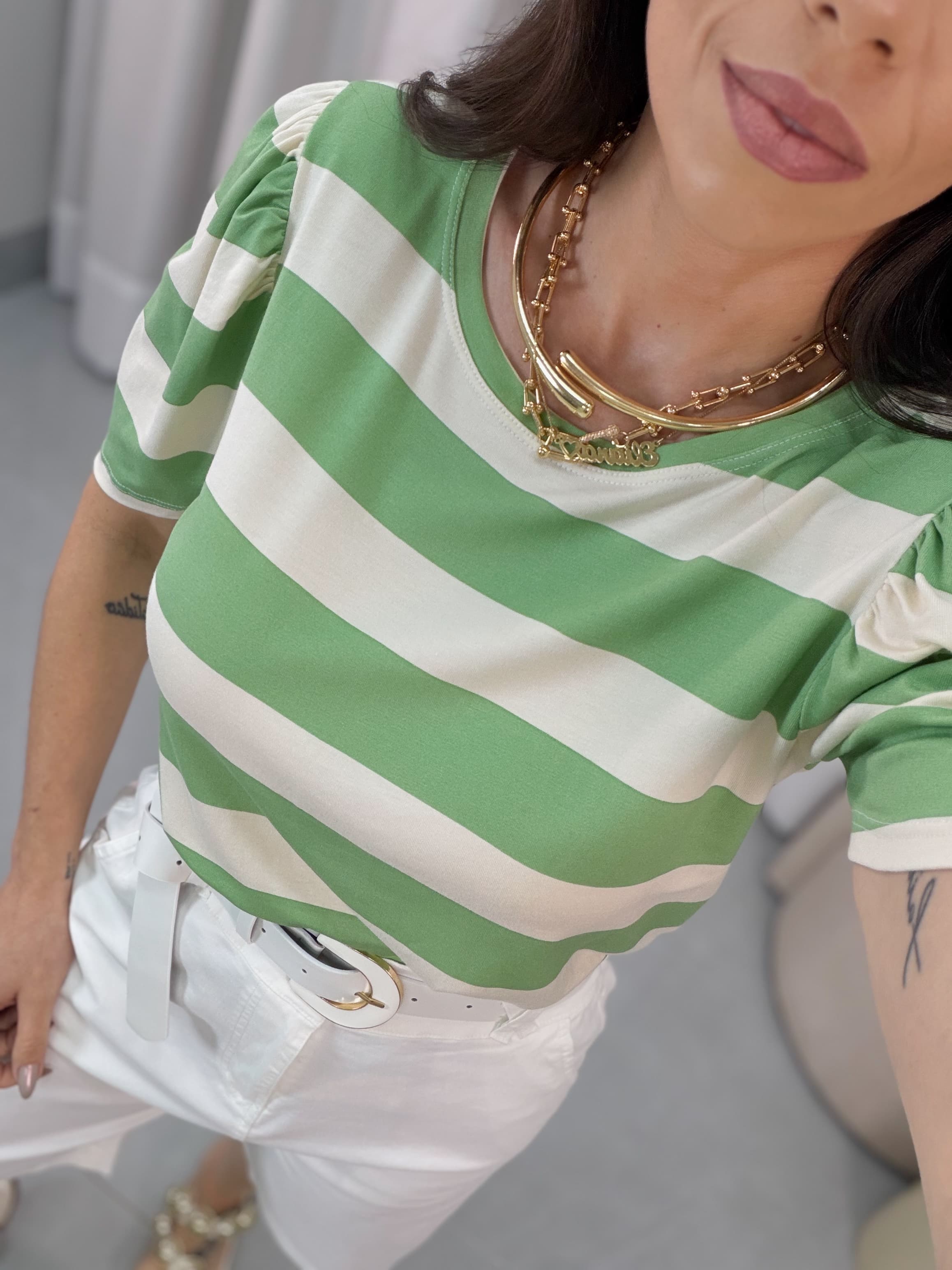 BLUSA LISTRA VERDE MANGA BUFANTE