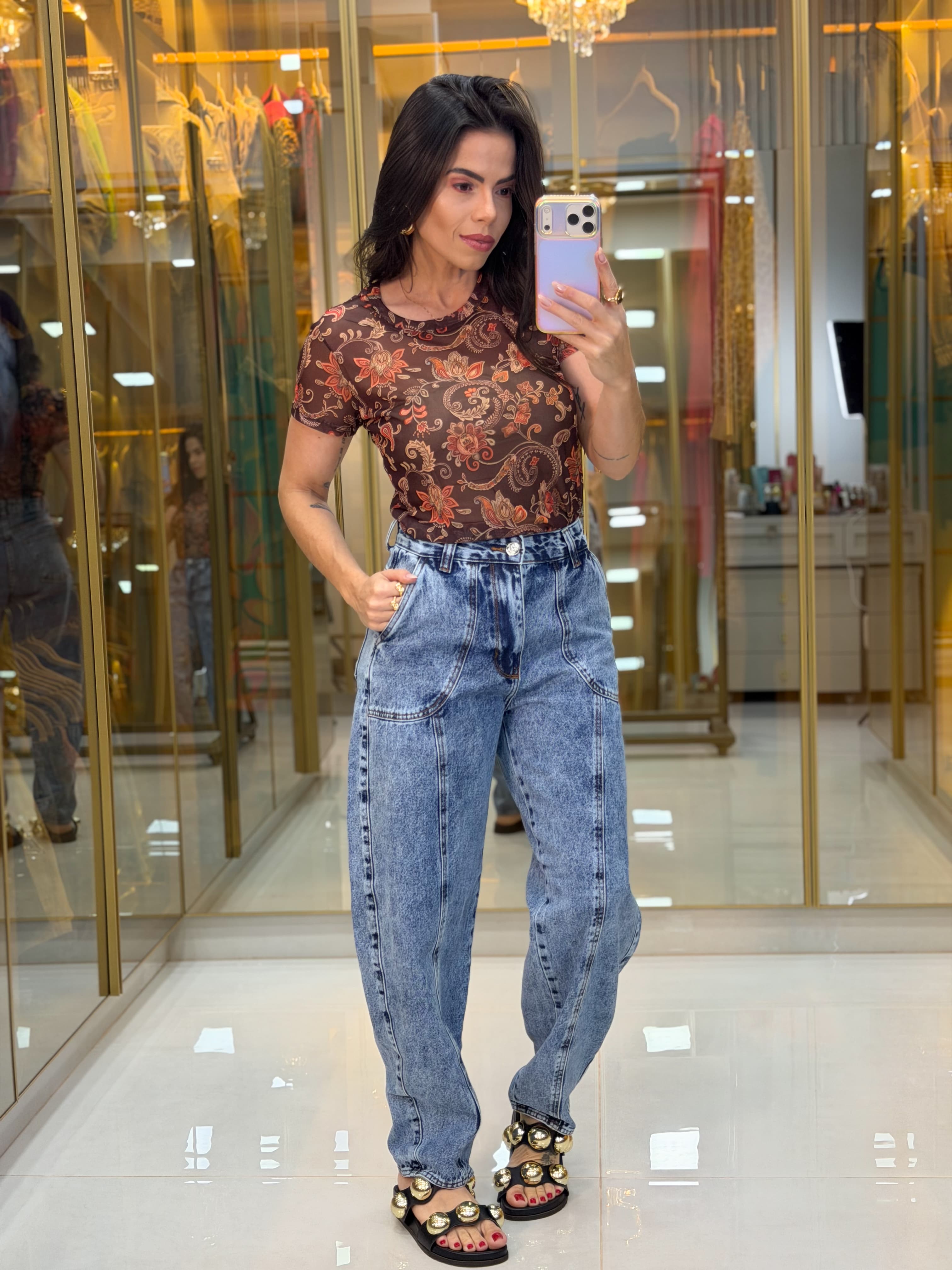 BLUSA TULE ESTAMPA MARROM