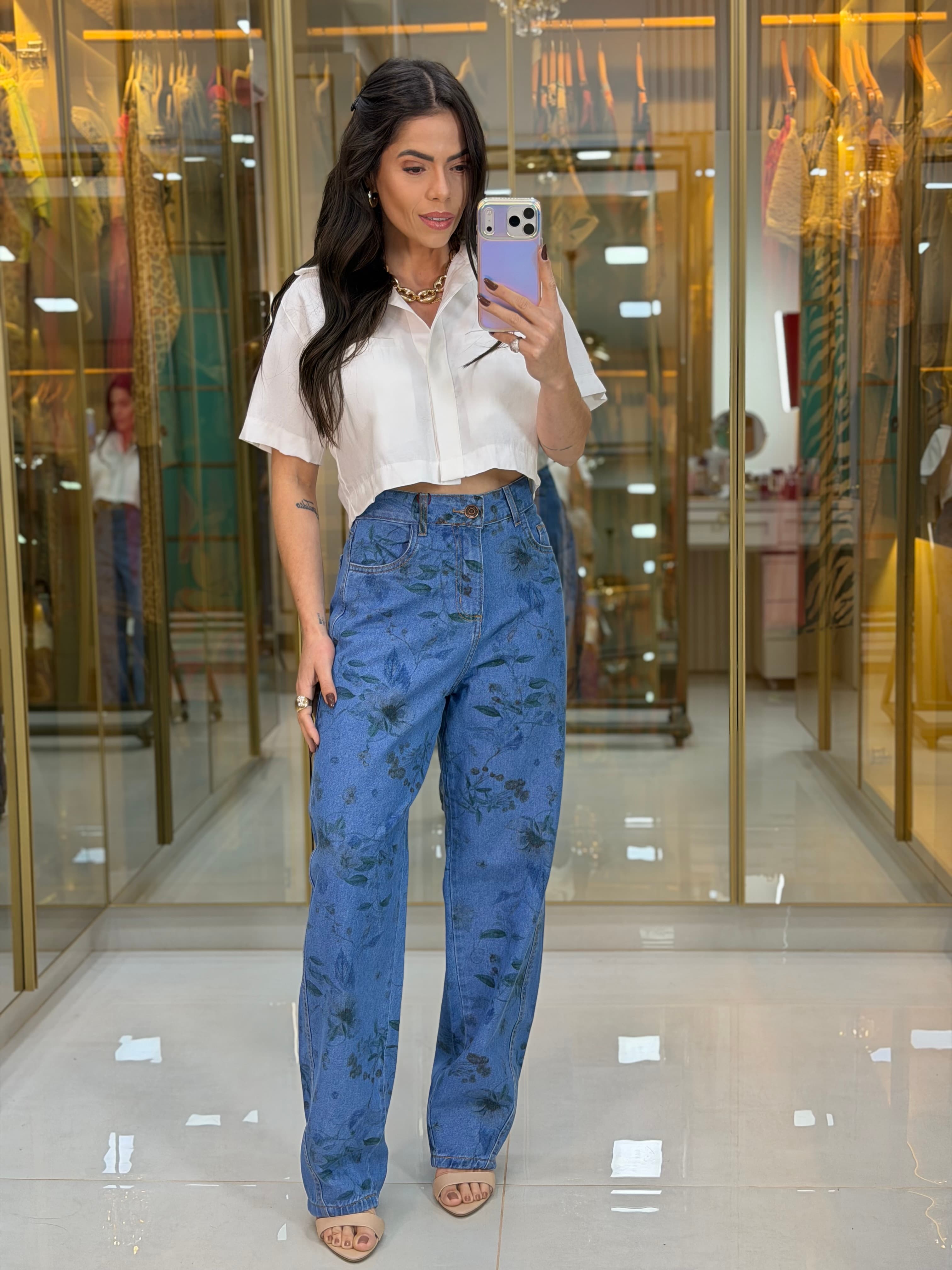CALÇA JEANS FLORAL