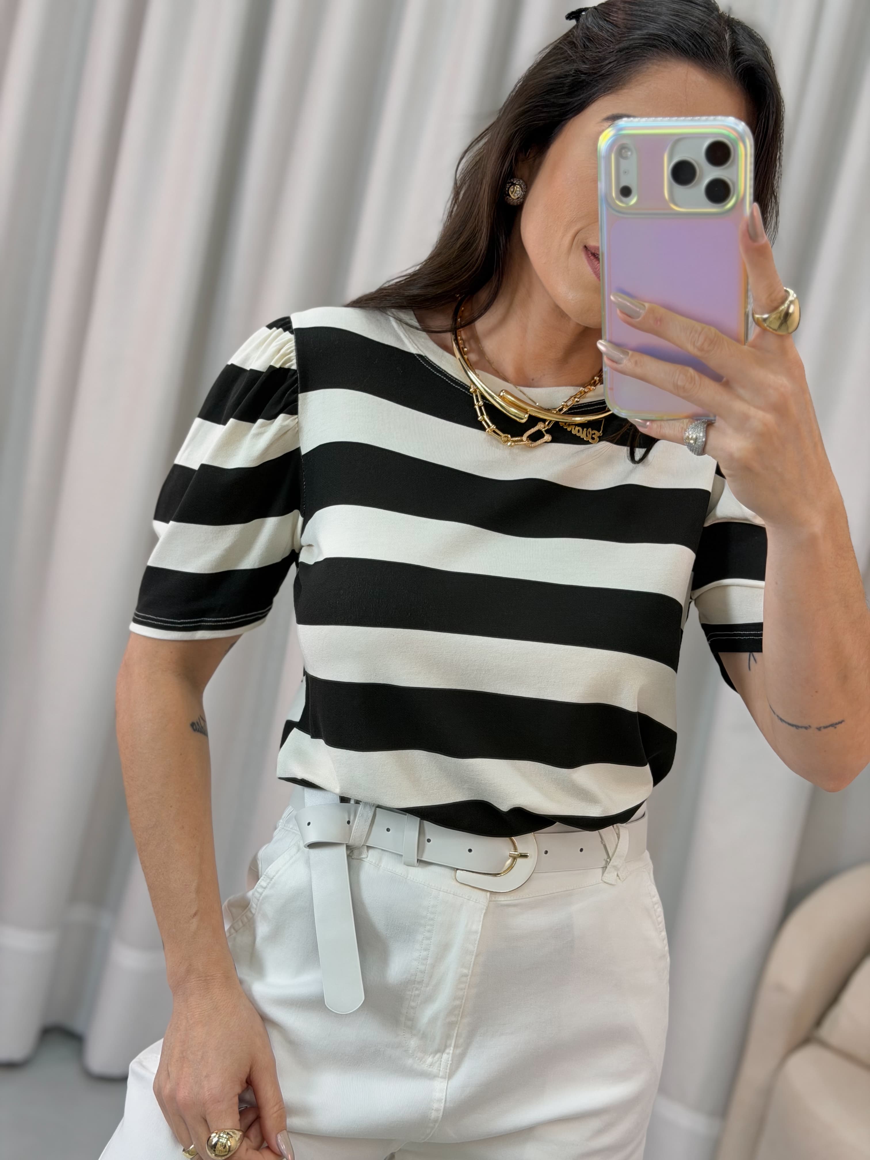 BLUSA LISTRA PRETA MANGA BUFANTE