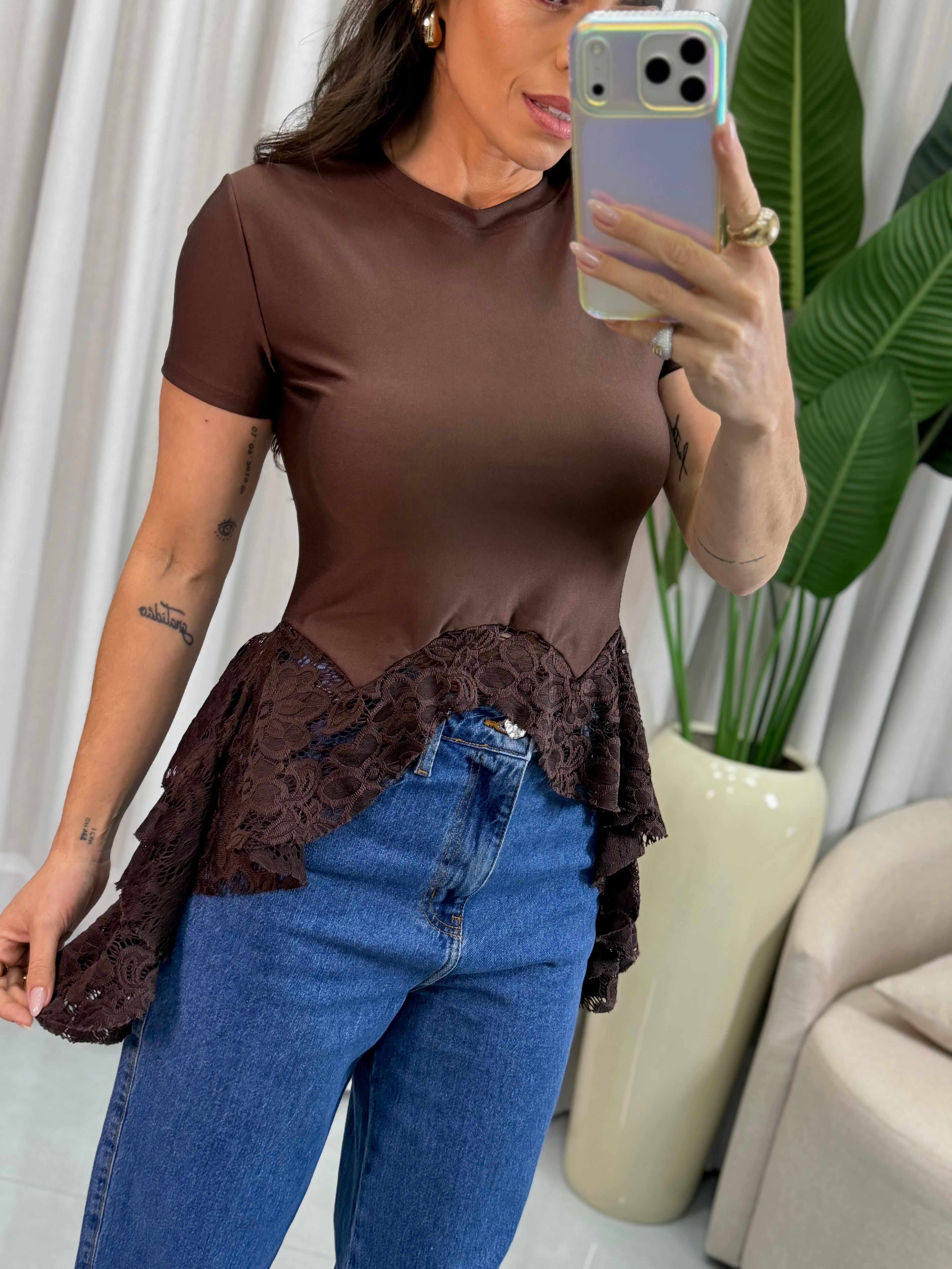 BLUSA POLIAMIDA RENDA MARROM