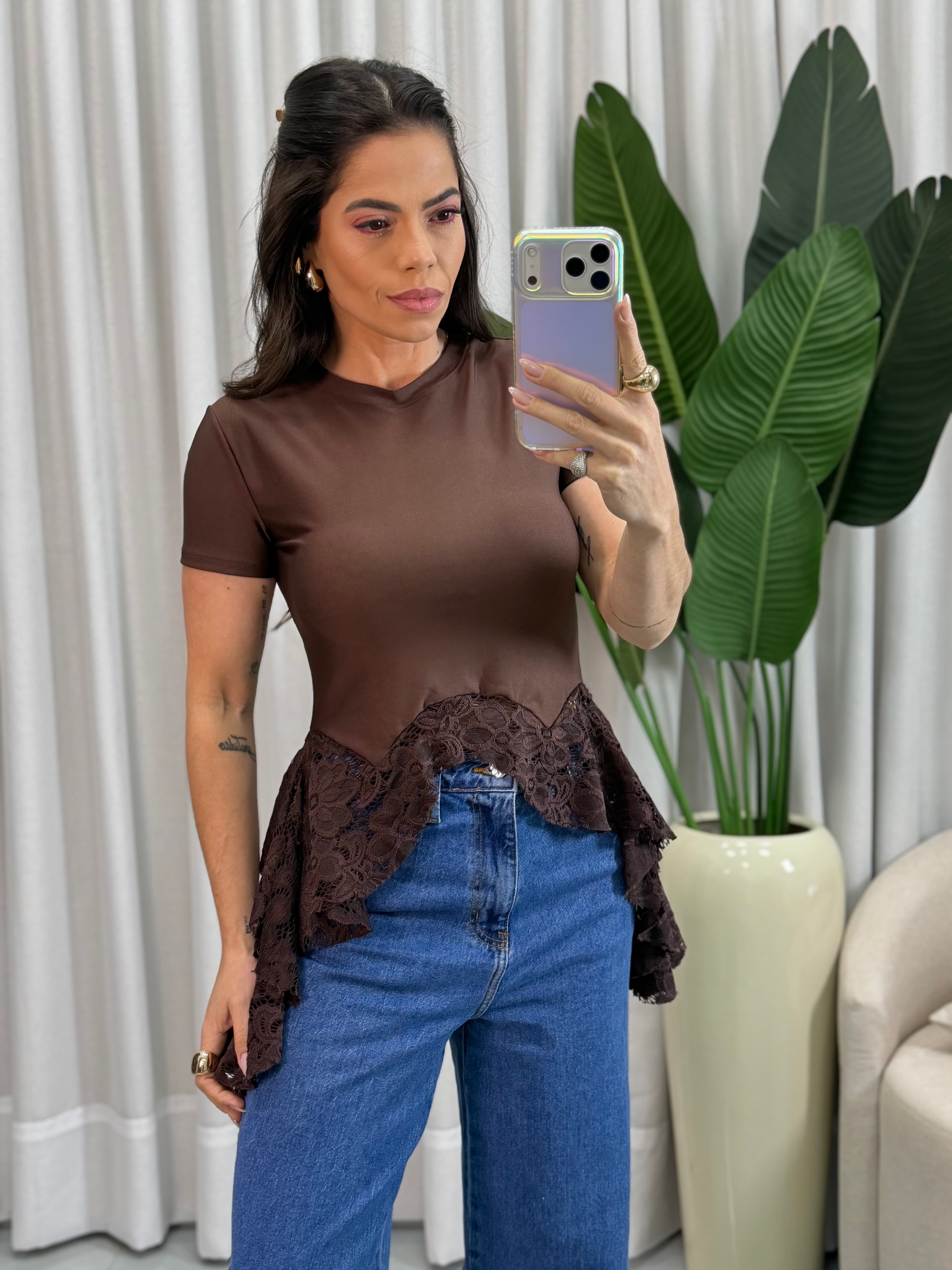 BLUSA POLIAMIDA RENDA MARROM