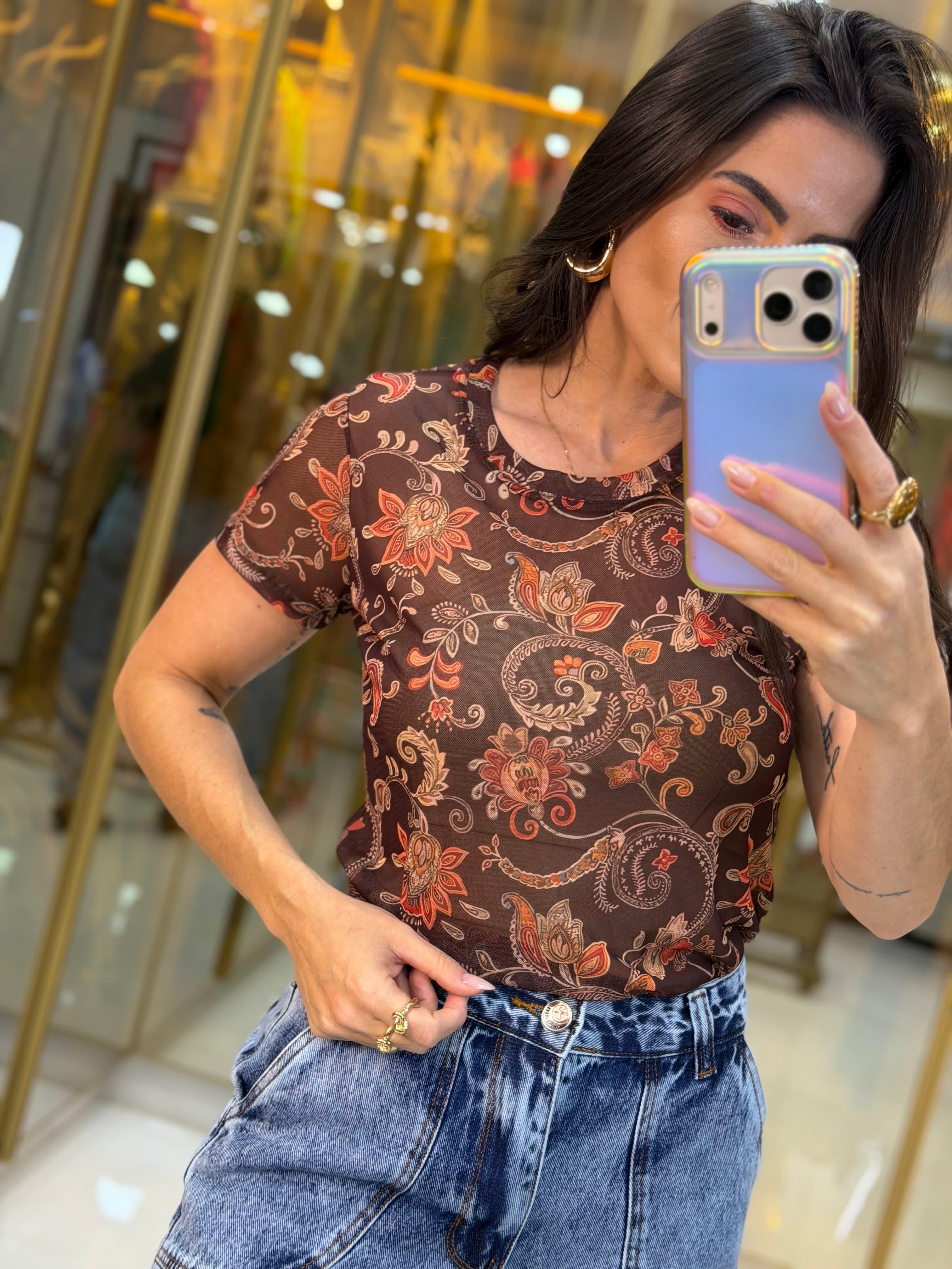 BLUSA TULE ESTAMPA MARROM